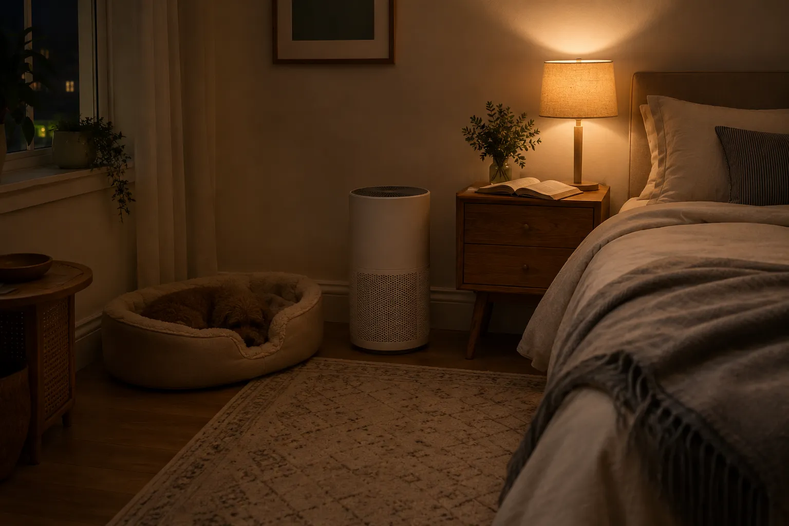 Quiet pet bedroom air purifier running near a bed with a small pet area and soft nighttime lighting.