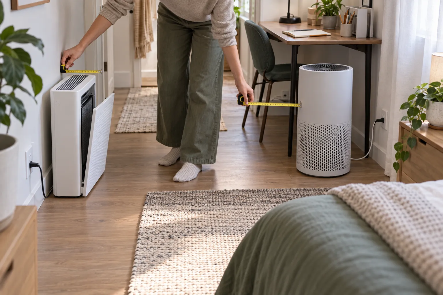 Adult renter comparing the floor depth, width, filter access, airflow clearance, outlet reach, and walking space of rectangular and cylindrical air purifiers in a bedroom.