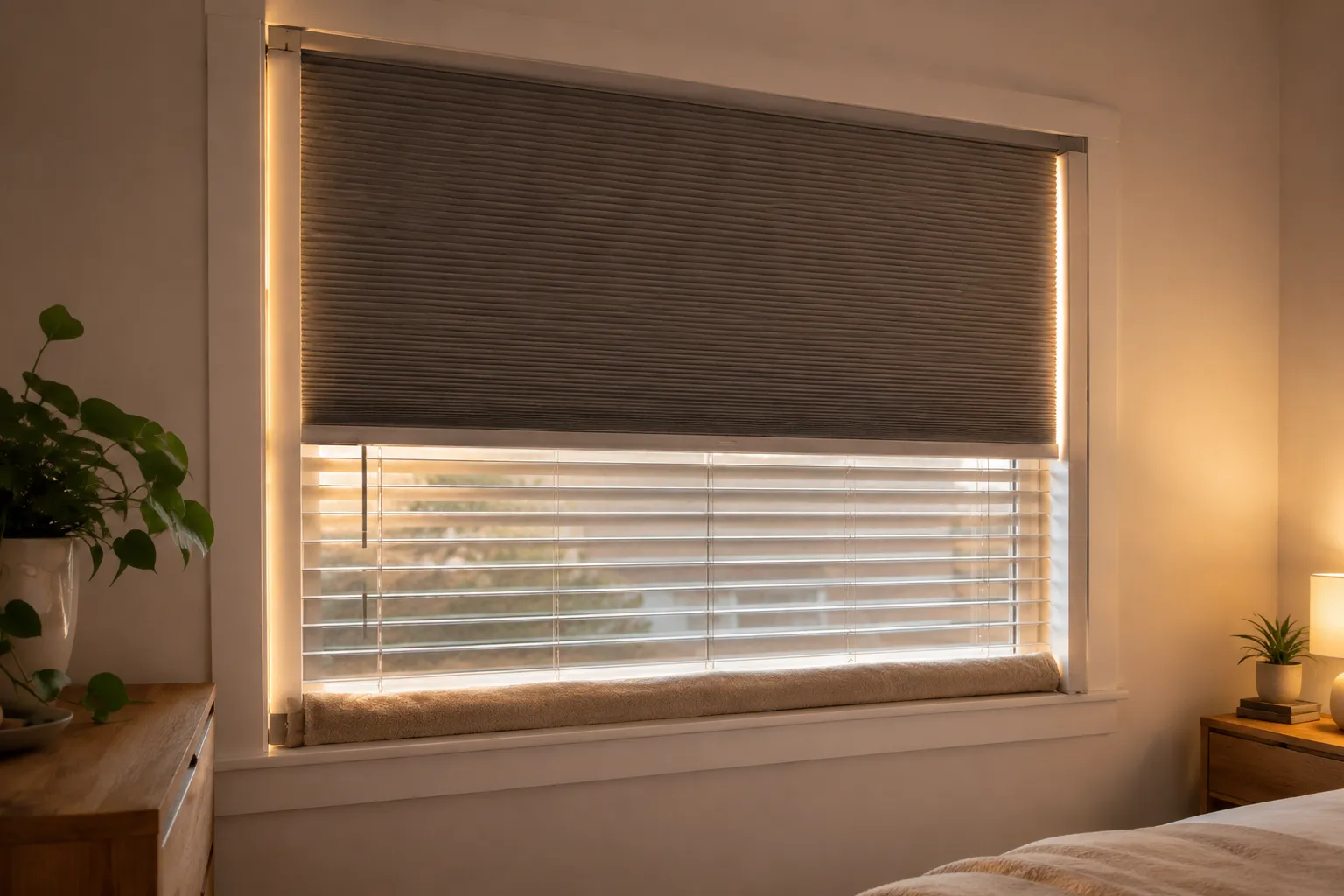 Rental bedroom blinds with removable side gap blockers, fabric strip, and rolled towel reducing light leaks around the window.