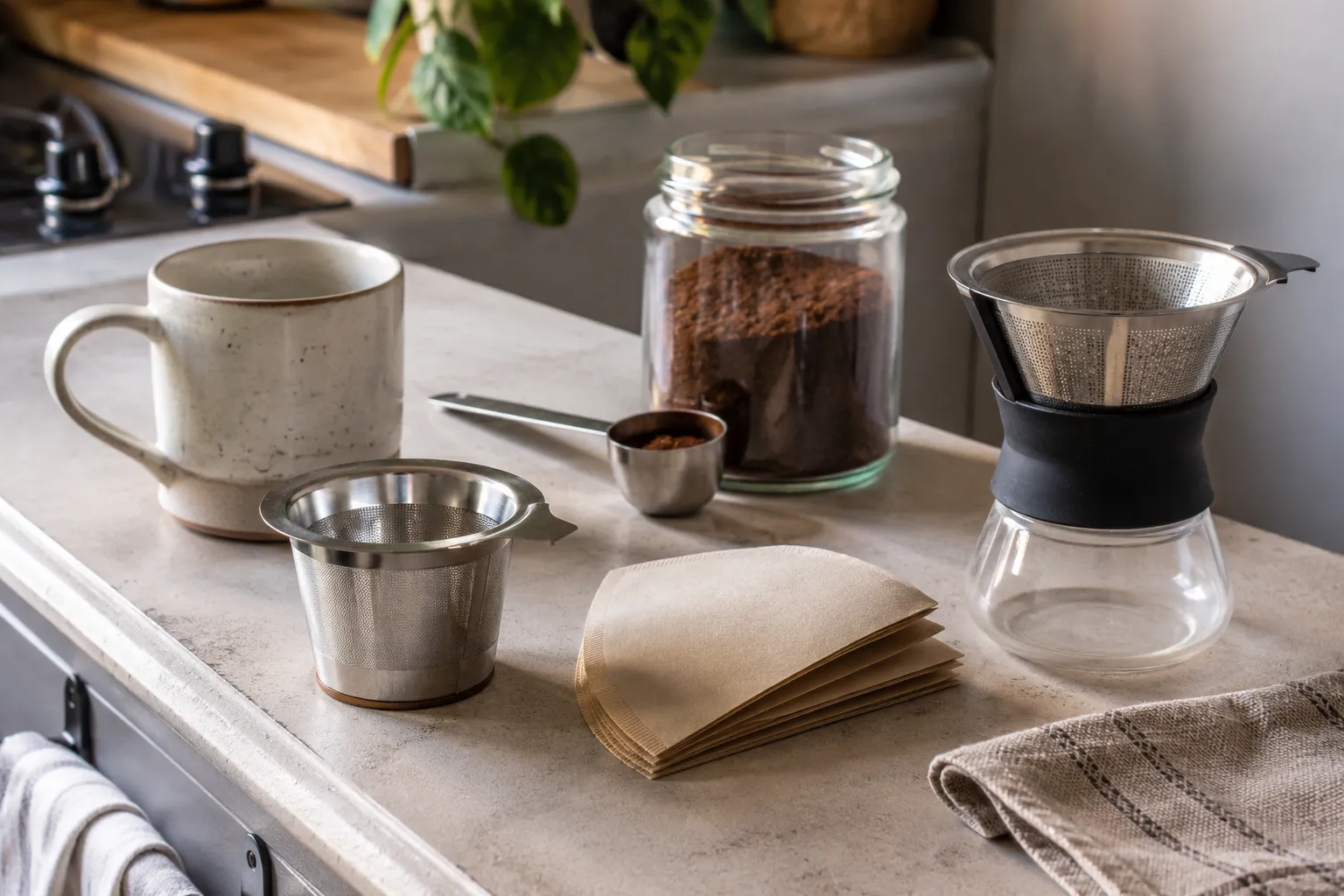 Reusable metal filter, cone-shaped paper filters, built-in metal-filter brewer, ground coffee, scoop, and ceramic mug on a small kitchen counter.