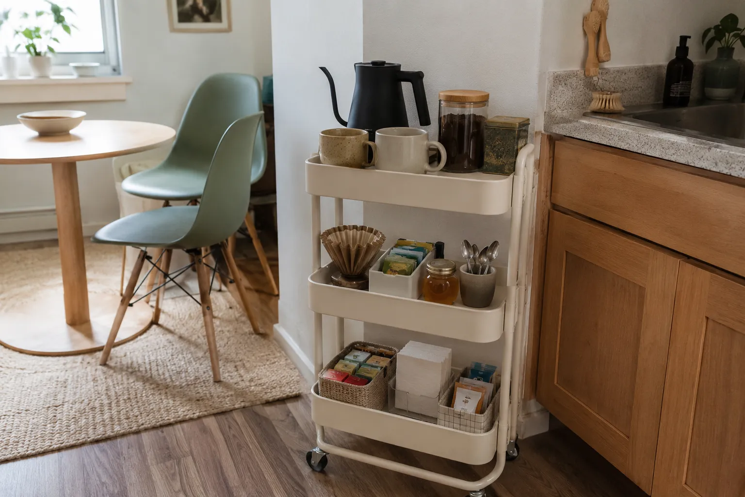 Slim rolling cart used as a small coffee and tea station with a kettle, mugs, tea, coffee, honey, filters, and backup supplies.