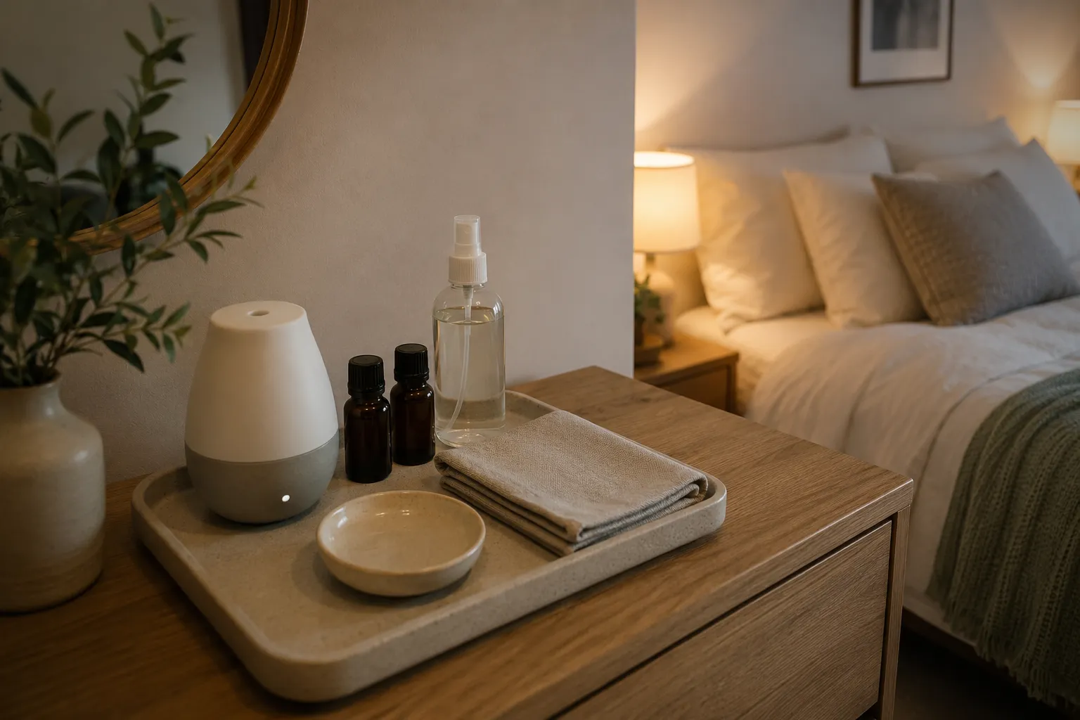 Aromatherapy tray on a bedroom dresser with a diffuser, closed essential oil bottles, linen spray, folded cloth, and ceramic dish.