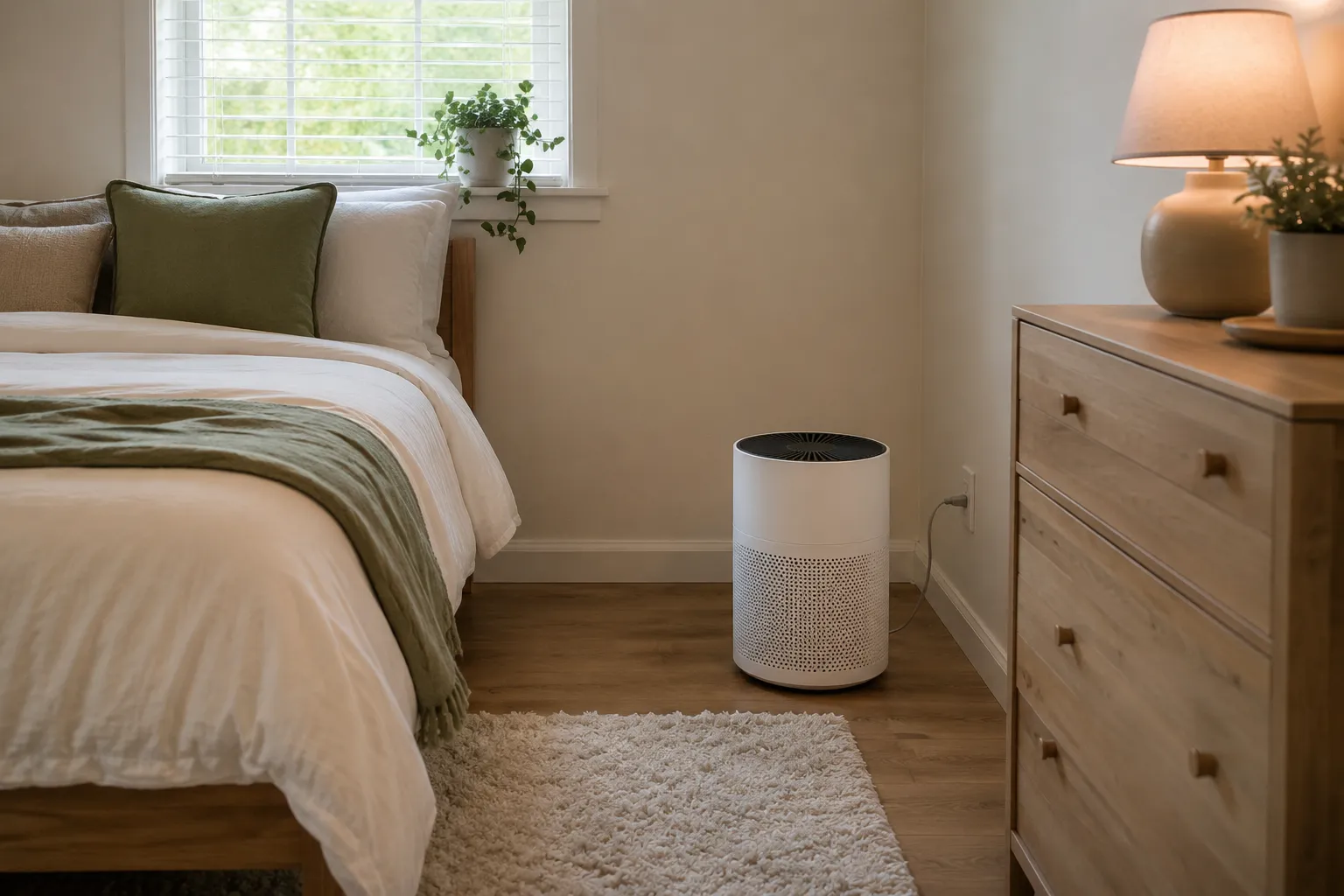 Compact air purifier placed in an open bedroom corner with clear airflow, safe cord placement, and space away from curtains and bedding.
