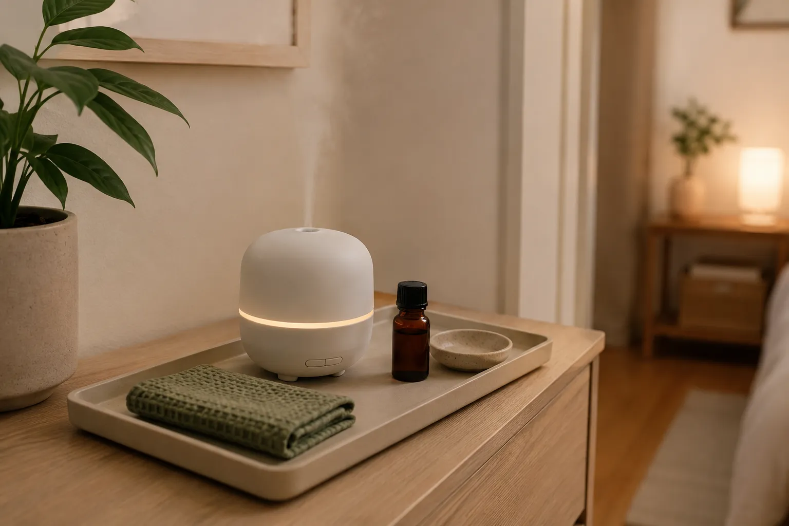Compact ultrasonic diffuser on a bedroom dresser tray with closed oil bottle, folded cloth, and safe space away from bedding and electronics.