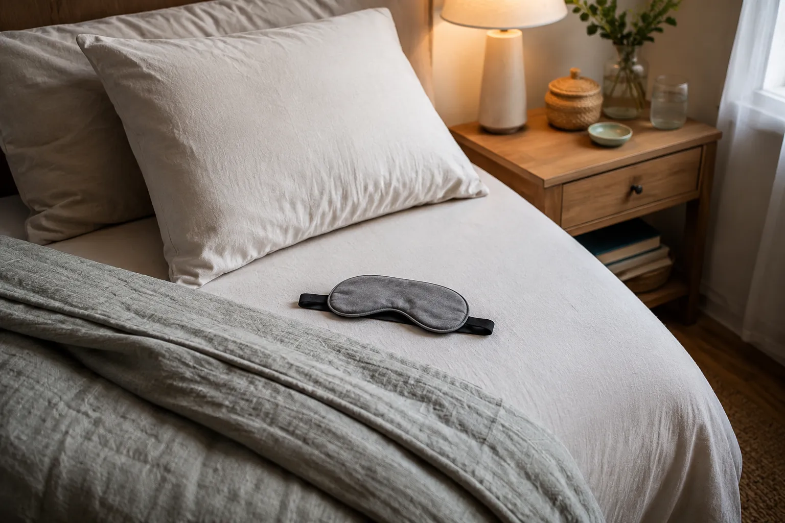 Low-profile sleep mask with soft edges placed beside a pillow and neutral bedding in a small apartment bedroom.