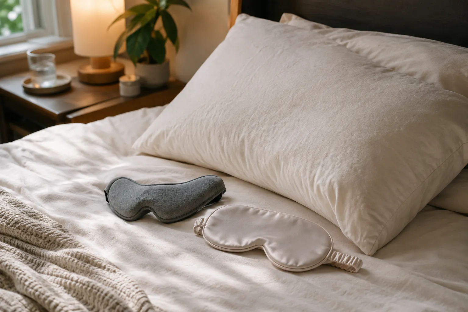 Low-profile contoured and silk sleep masks placed beside a soft pillow and neutral bedding in a small apartment bedroom.
