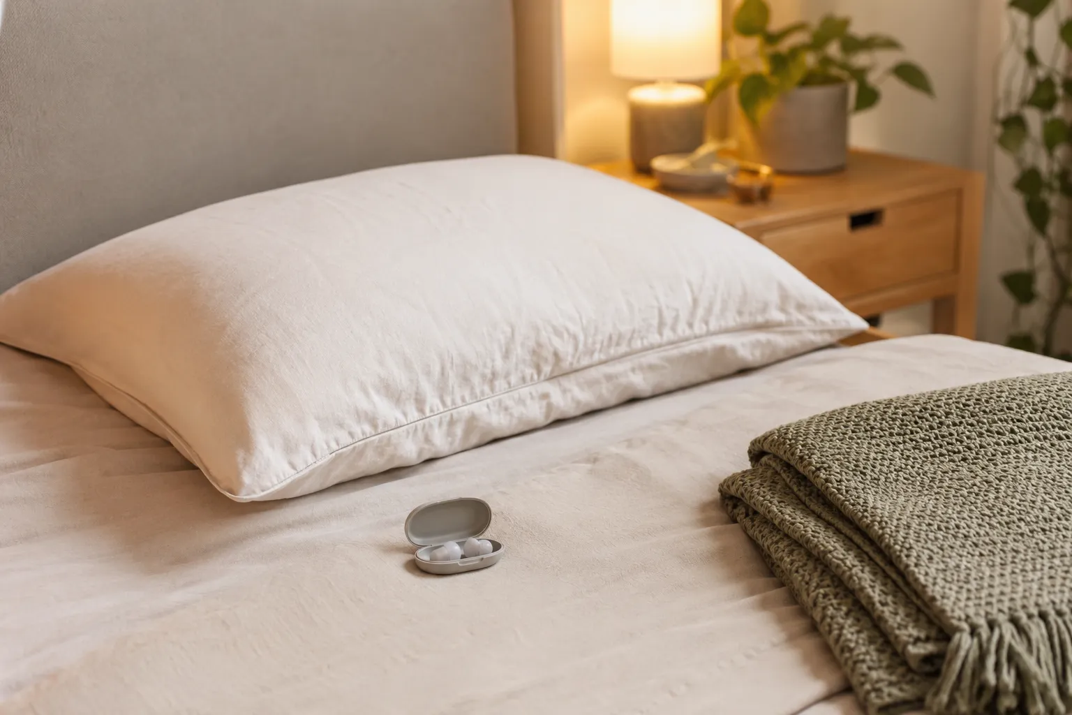Low-profile sleeping earplugs in a clean case beside a soft pillow and neutral bedding in a small apartment bedroom.