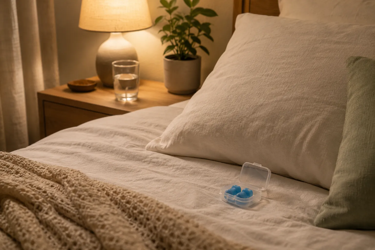 Low-profile silicone sleeping earplugs in a clean case beside a soft pillow and neutral bedding in a small apartment bedroom.