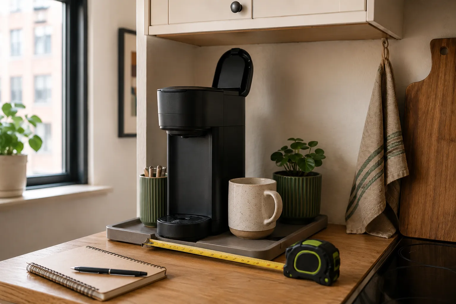 Slim single-serve coffee maker on a narrow apartment counter with a tape measure, upper cabinet clearance, ceramic mug, and compact coffee tray.