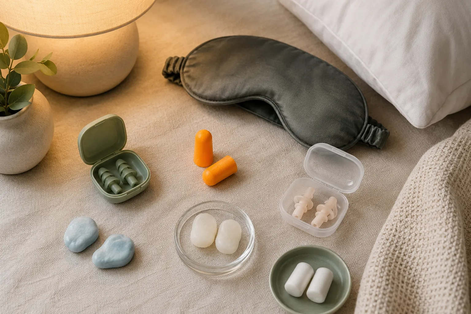 Flat lay of foam, moldable silicone, wax, and reusable sleeping earplugs on a neutral bedside surface with soft bedroom lighting.