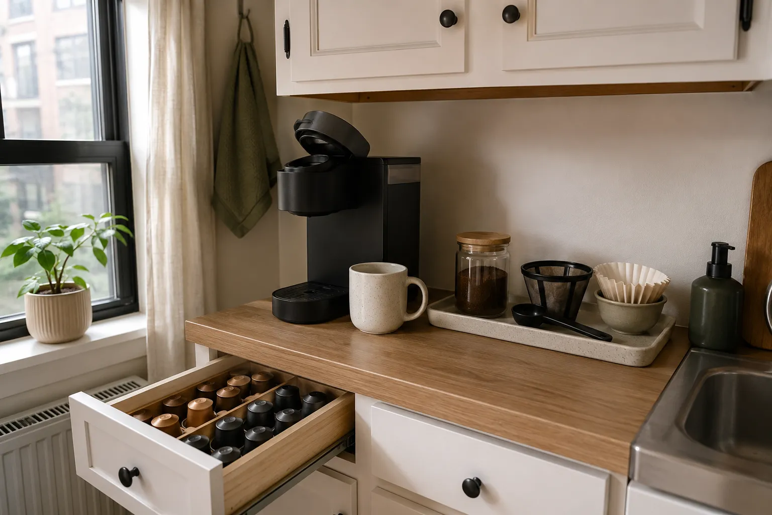 Compact apartment coffee station with a generic single-serve machine, capsule drawer, ground coffee, reusable filter, paper filters, mug, and narrow storage tray.