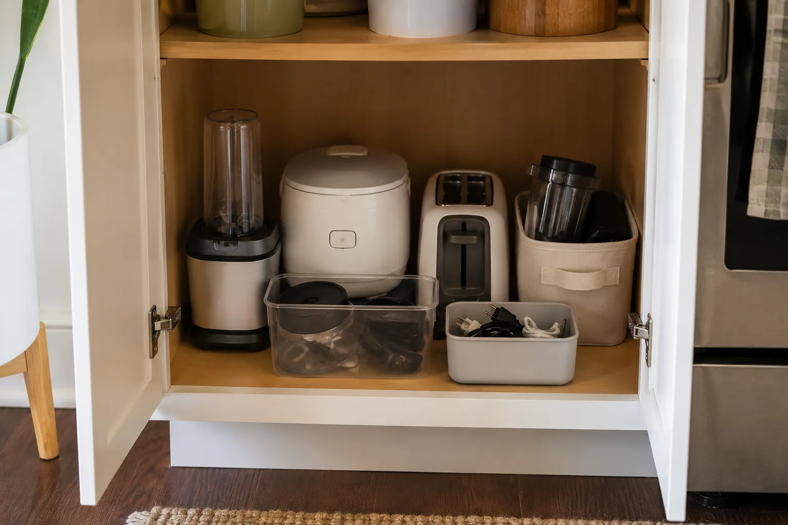 Small apartment kitchen cabinet with compact appliances, accessory bins, cords, and organized storage.