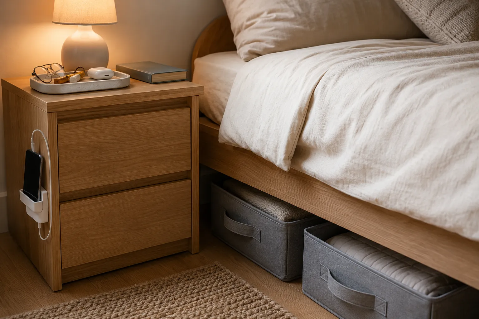 Small bedroom nightstand with a tray, lamp, charger clip, and under-bed storage bins.