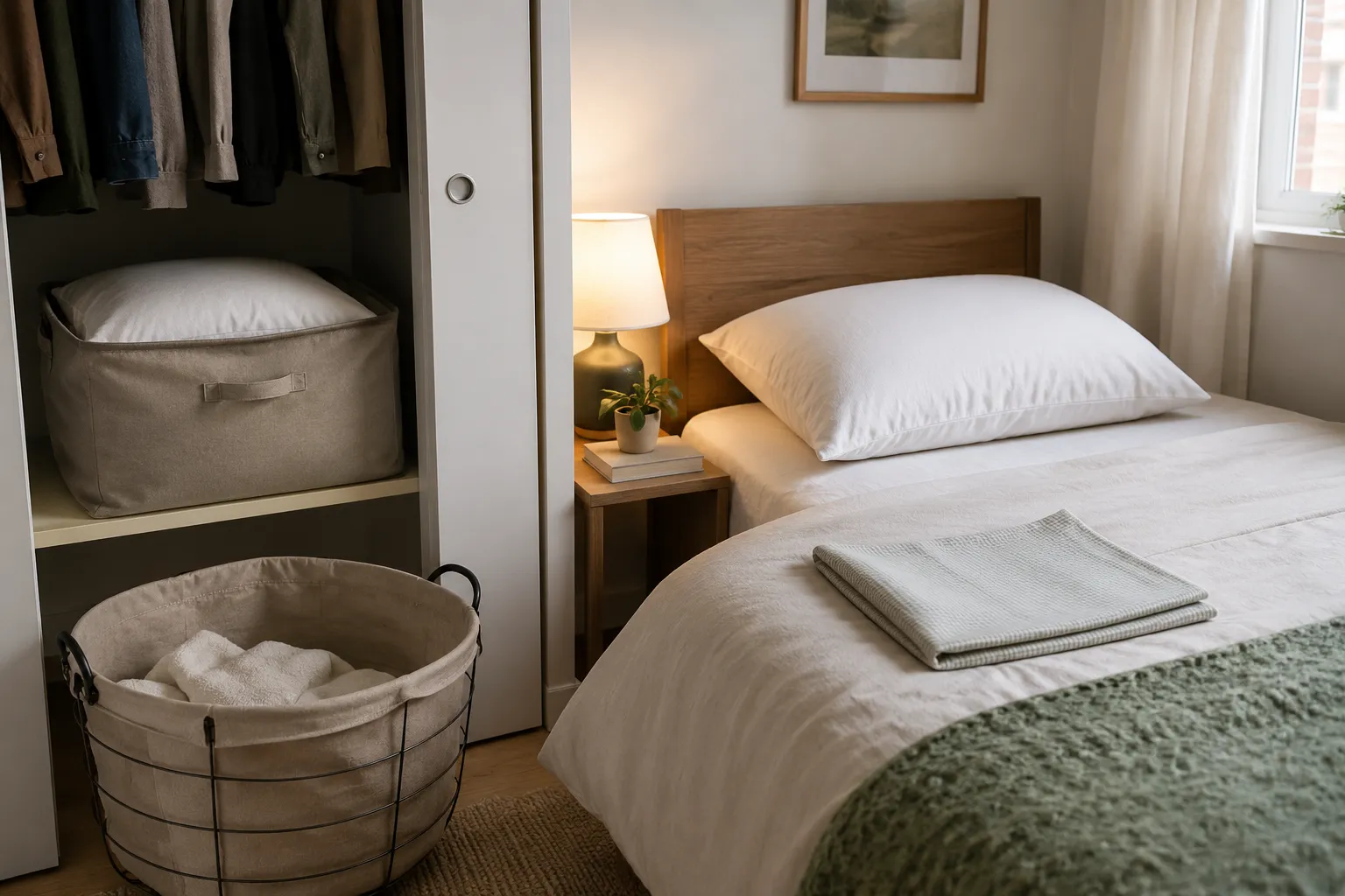 Small apartment bedroom with a sleeping pillow, folded pillow cover, laundry basket, and neatly stored backup pillow.