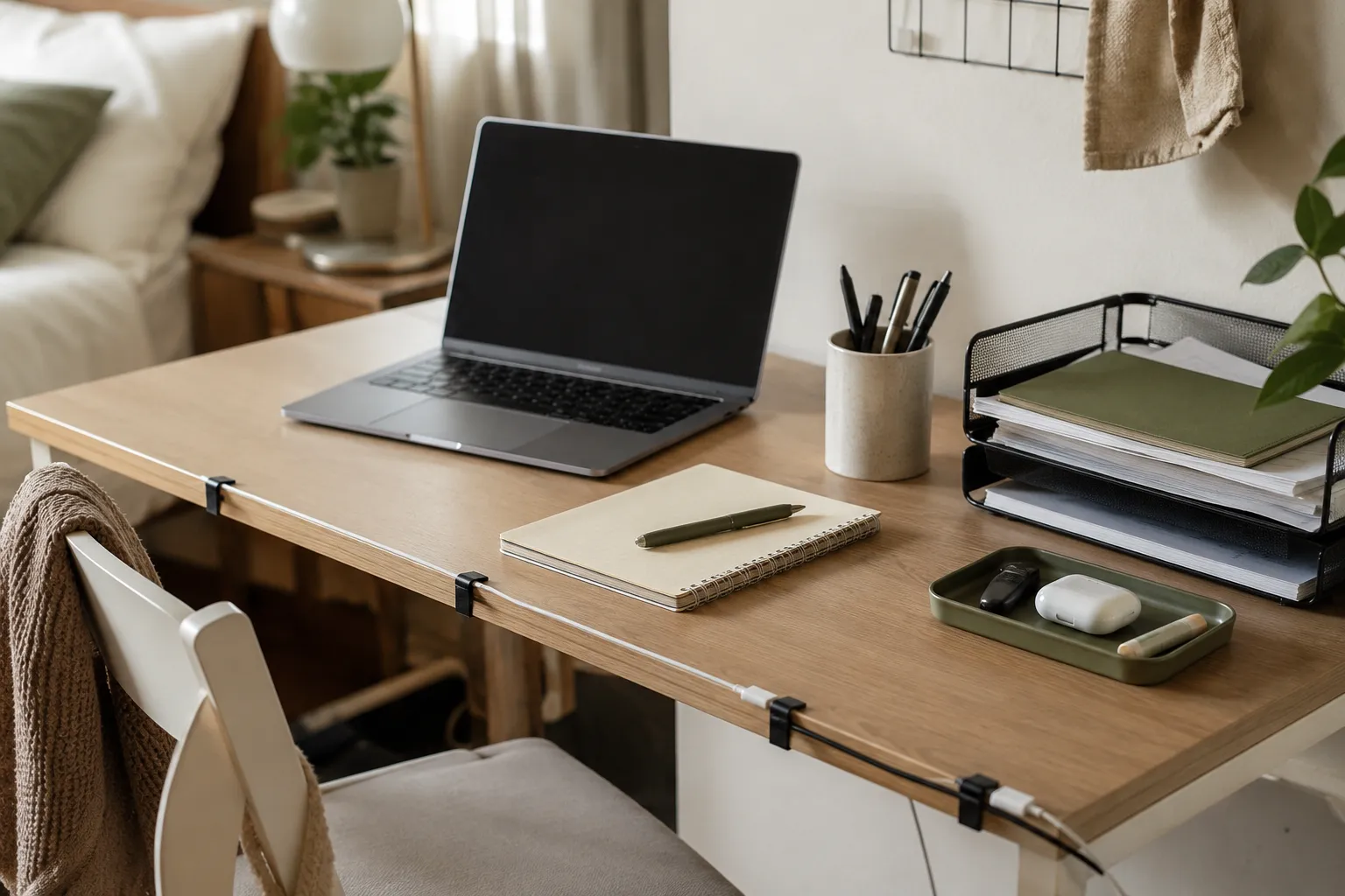 Compact desk with cable clips, a paper tray, notebook, laptop, and simple small-space organization.