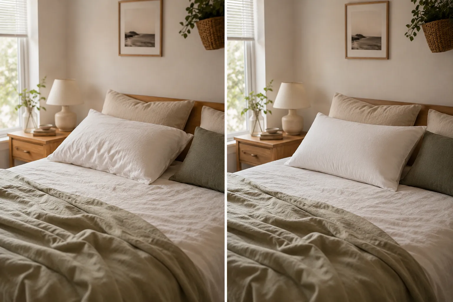Side-by-side bed setup showing a soft pillow that compresses and a firmer pillow that holds its shape.