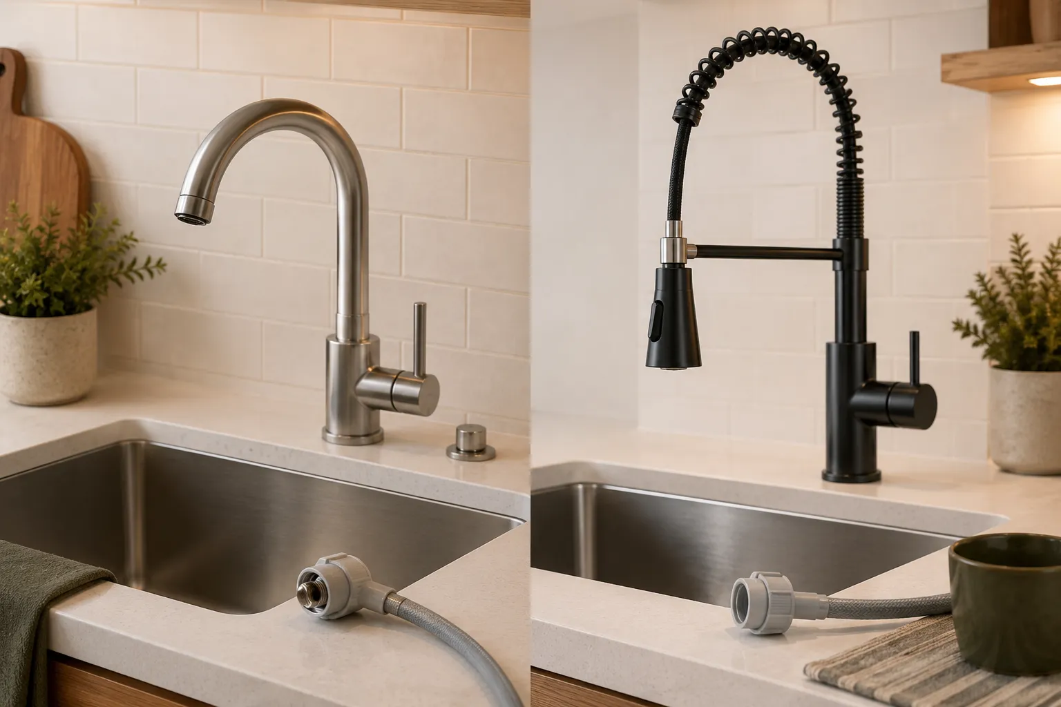 Side-by-side comparison of a fixed kitchen faucet with a removable aerator and a pull-down faucet with a retractable spray head and flexible hose.