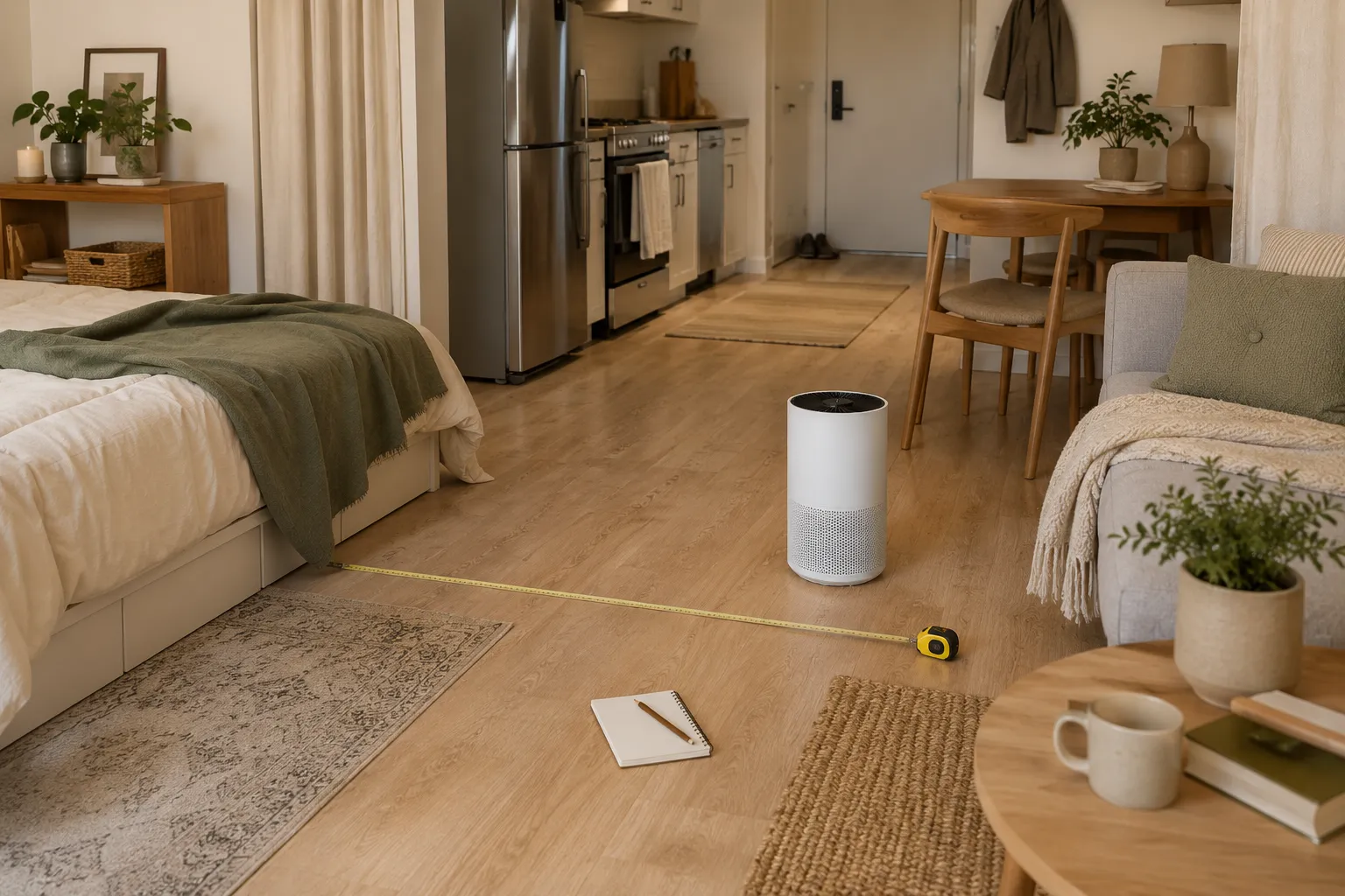 Studio apartment air purifier CADR planning setup with a compact purifier, floor plan notes, and open living space.