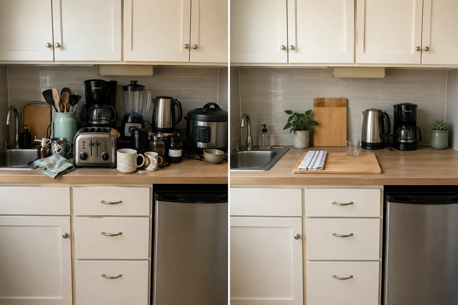 Side-by-side tiny kitchen counter showing appliance clutter on one side and a simplified space-saving setup on the other.