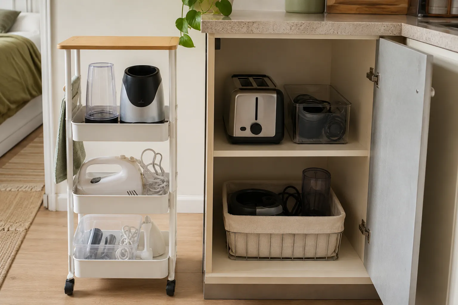 Tiny apartment kitchen cabinet and rolling cart with compact appliances, accessory bins, and neatly managed cords.