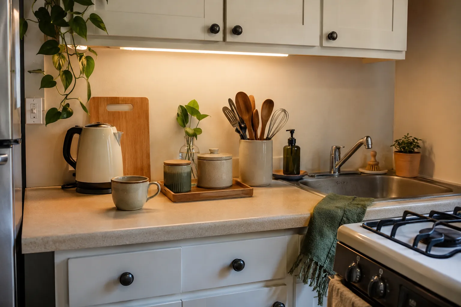 Tiny apartment kitchen counter with a compact coffee setup and organized storage
