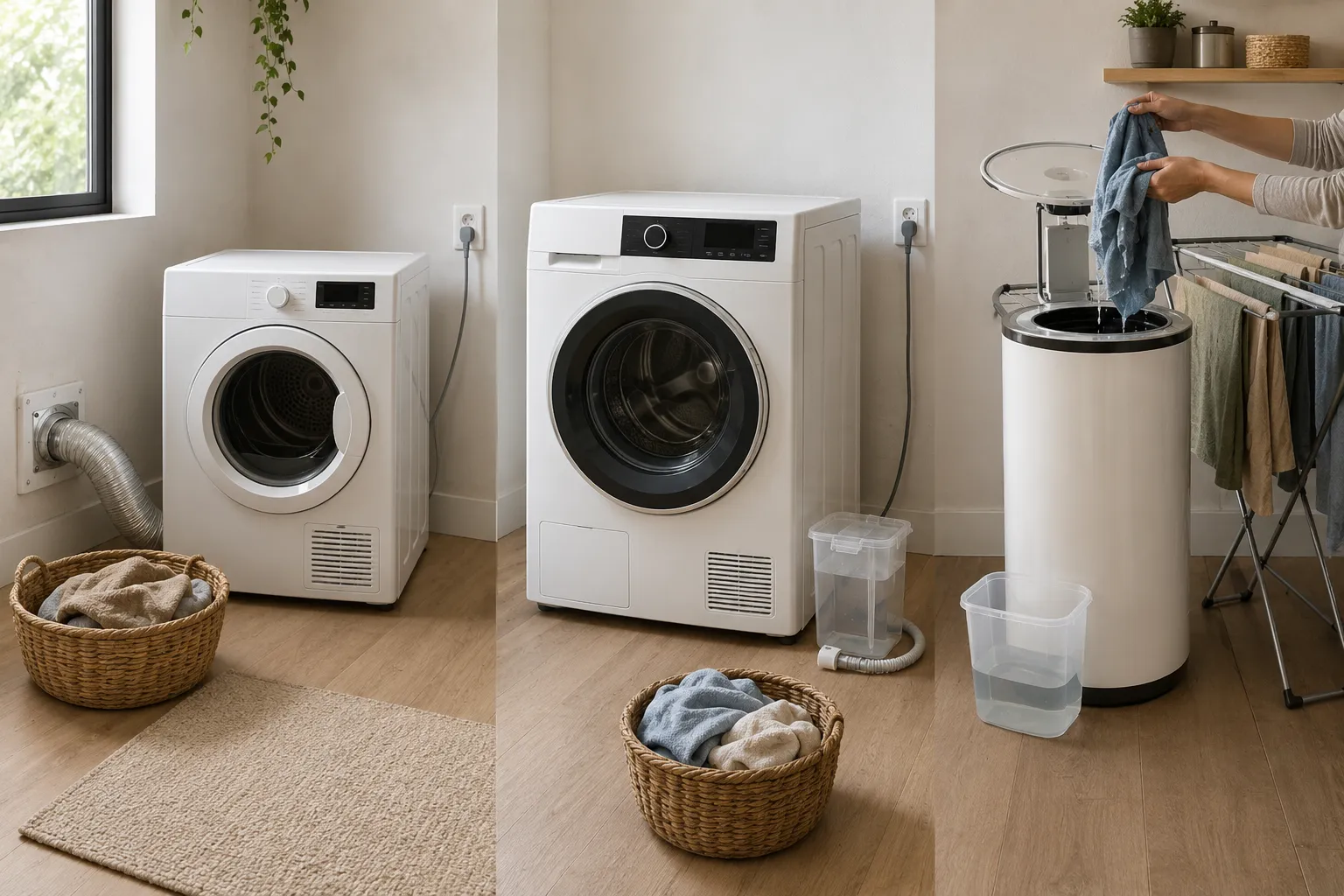 Three apartment dryer workflows showing an externally vented tumble dryer, a ventless heat-pump dryer with water management, and a spin dryer followed by rack drying.