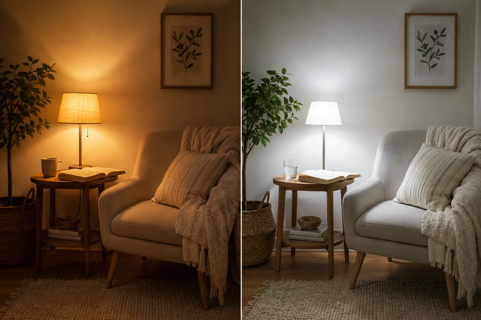 Small reading corner shown with warm cozy lamp light on one side and cooler white task lighting on the other.