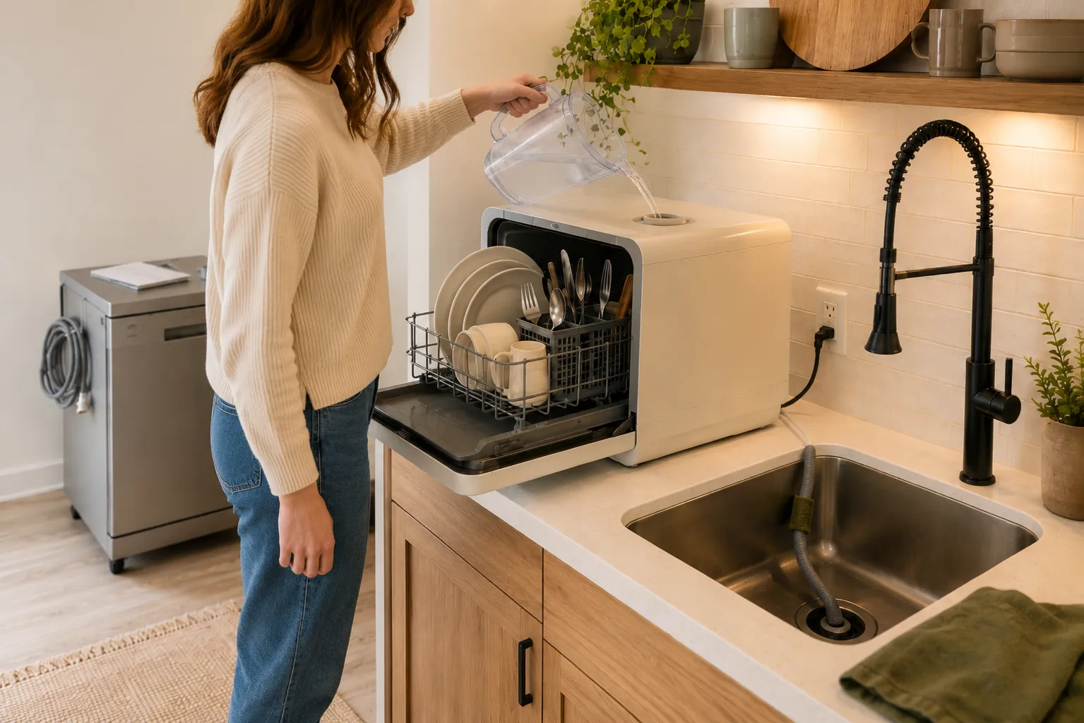Water-tank countertop dishwasher in a rental kitchen with manual pitcher filling, sink drainage, and no connection to the pull-down faucet.