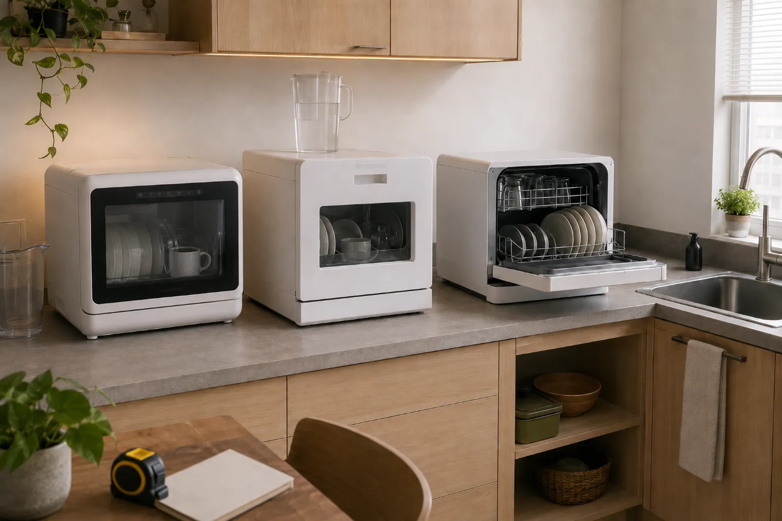 Three compact water-tank countertop dishwashers being measured for counter depth, cabinet clearance, manual filling, and open-door space.