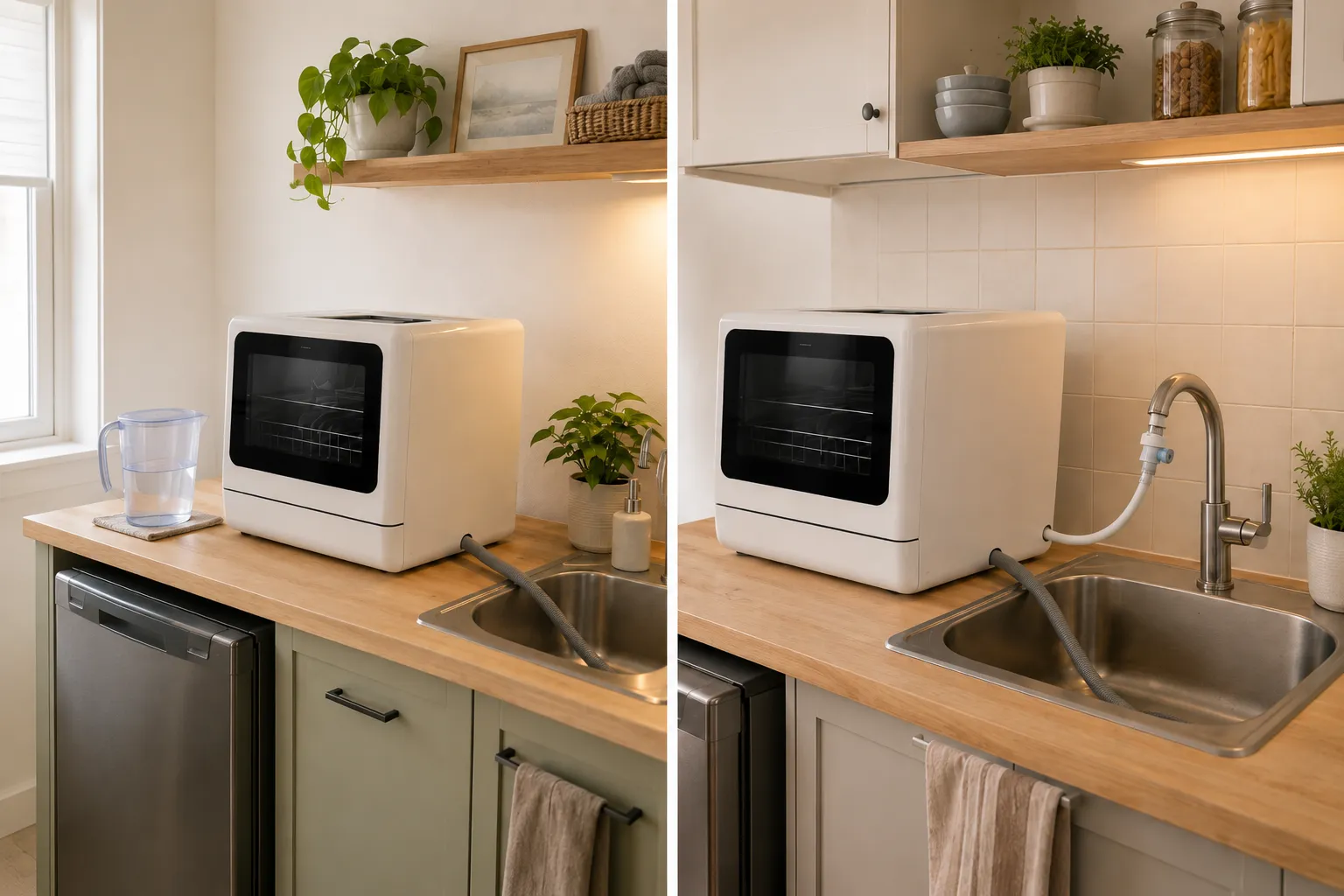 Side-by-side small apartment kitchens showing a manual-fill water-tank dishwasher and a faucet-connected countertop dishwasher.