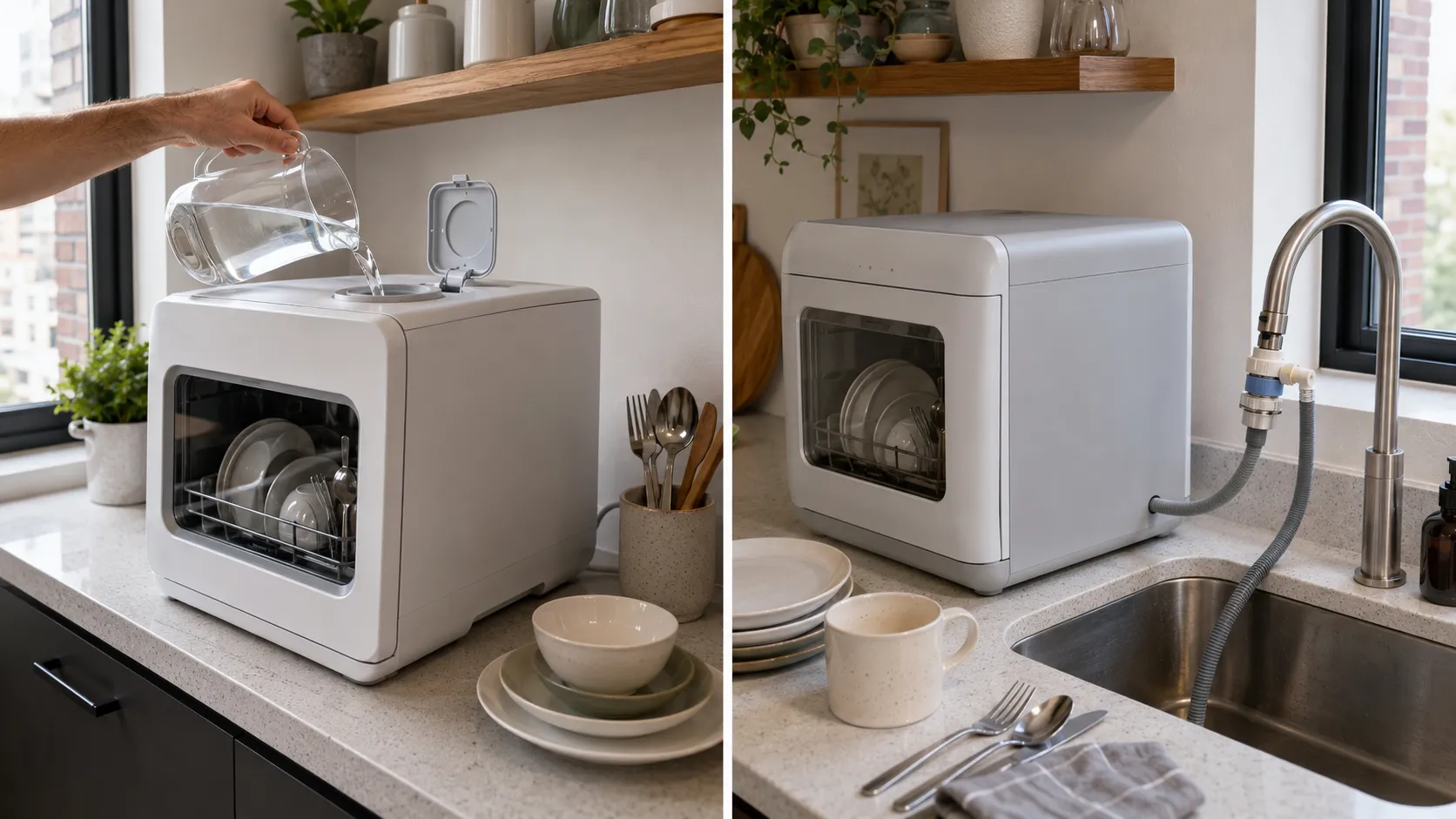 Side-by-side comparison of a manual-fill countertop dishwasher and a faucet-connected countertop dishwasher in a small apartment kitchen.