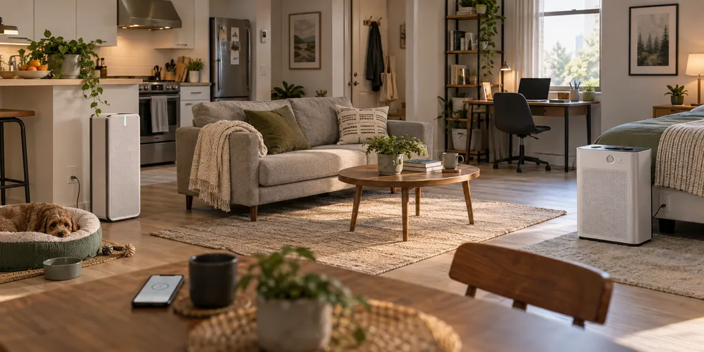Shallow smart rectangular air purifier and shorter particle-sensing purifier compared in a small apartment with kitchen, pet, bedroom, and office contexts.