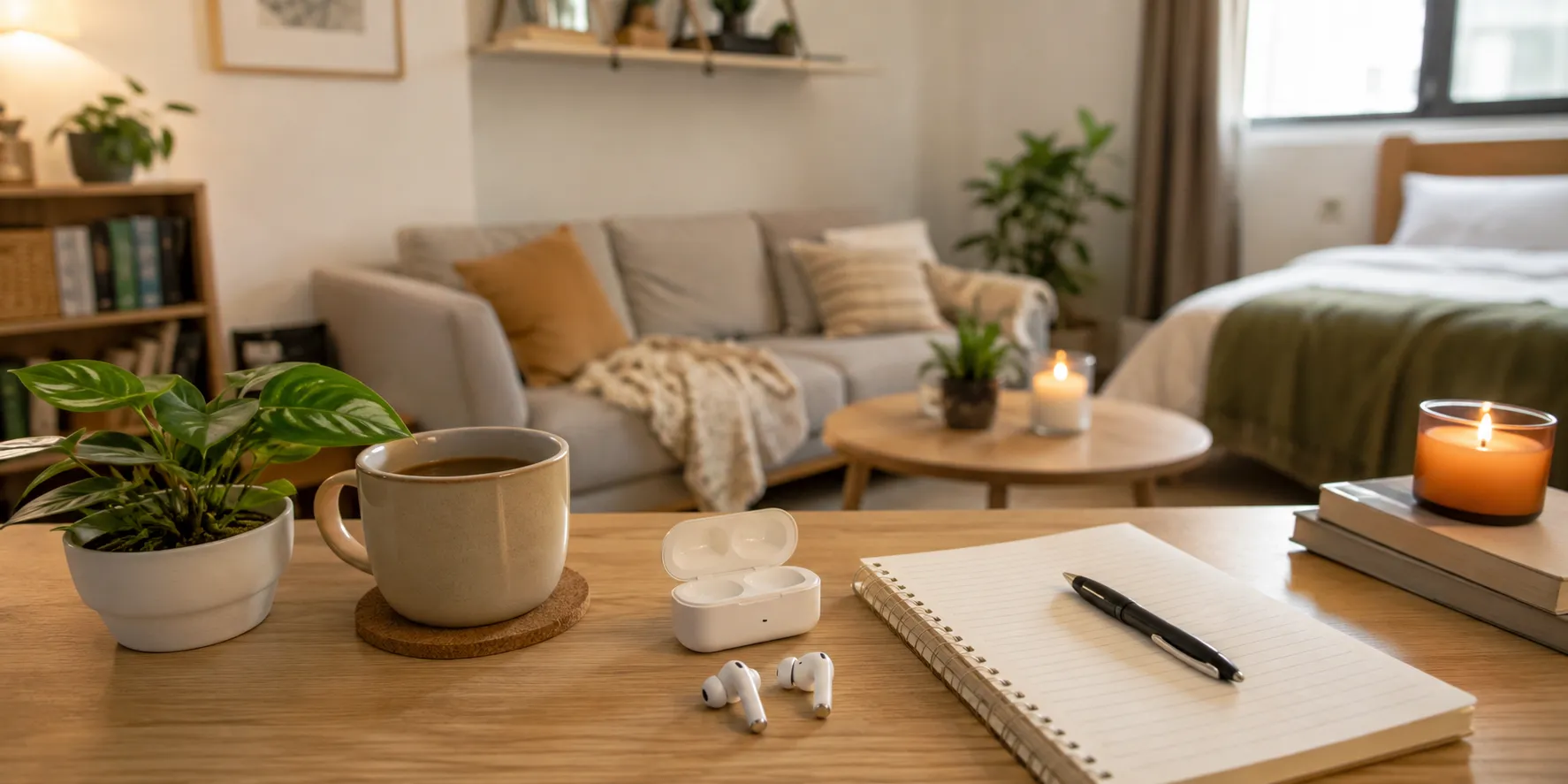 True wireless earbuds in a small tray beside a phone, keys, charger cable, and notebook in a small apartment.